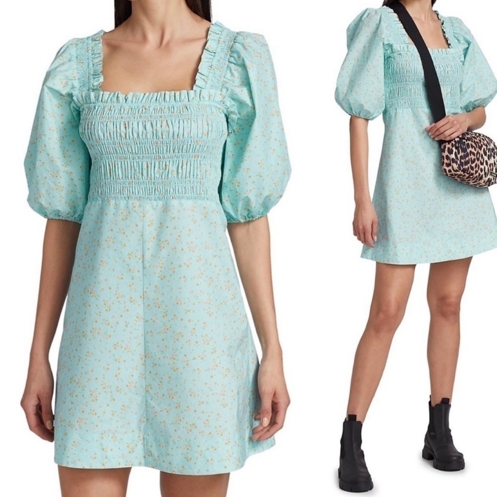 GANNI short floral poplin cottagecore mini dress bubble sleeve